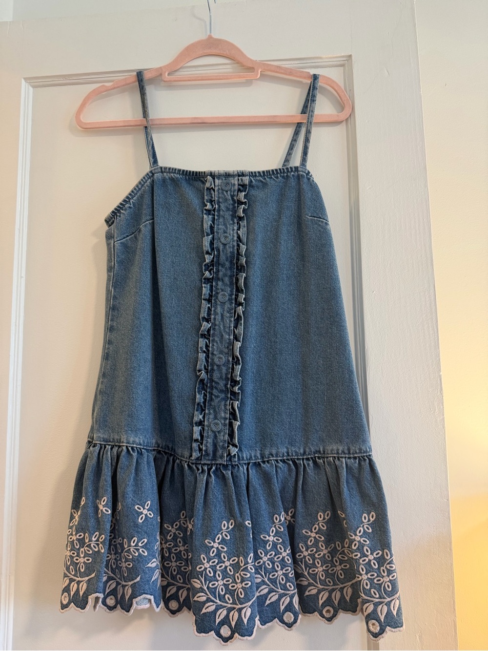 Worn once! Damson Madder Denim Sundress with Embroidered Hem - Blue